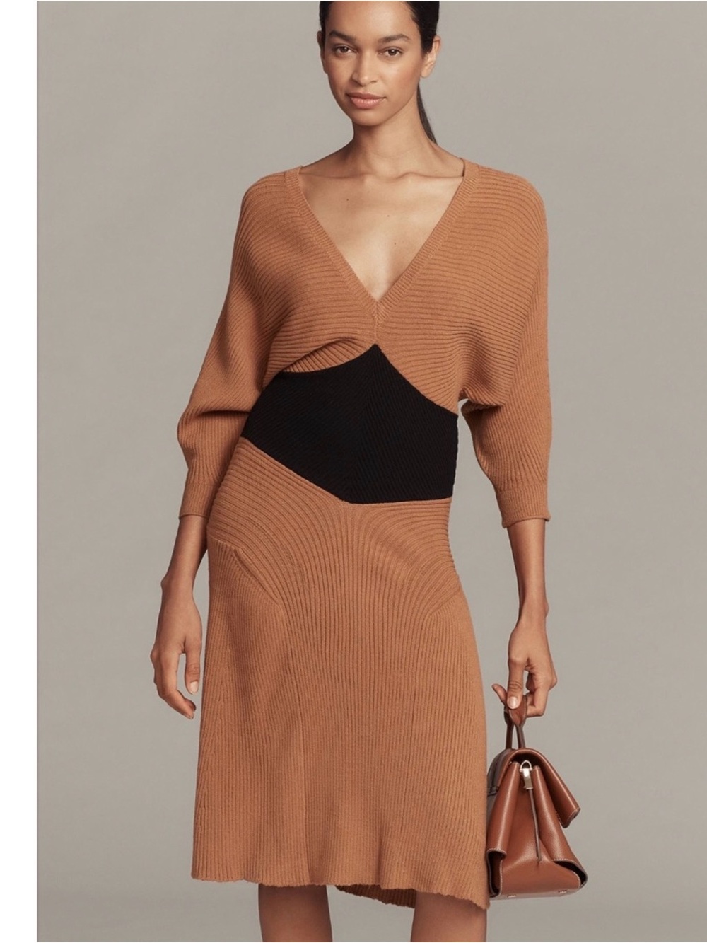 Nwt V-Neck Knit Midi Dress in Camel with Black Waist Panel